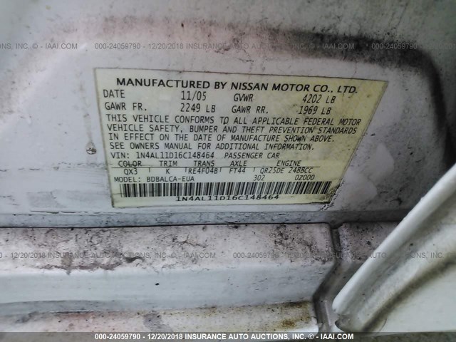 1N4AL11D16C148464 - 2006 NISSAN ALTIMA S/SL WHITE photo 9