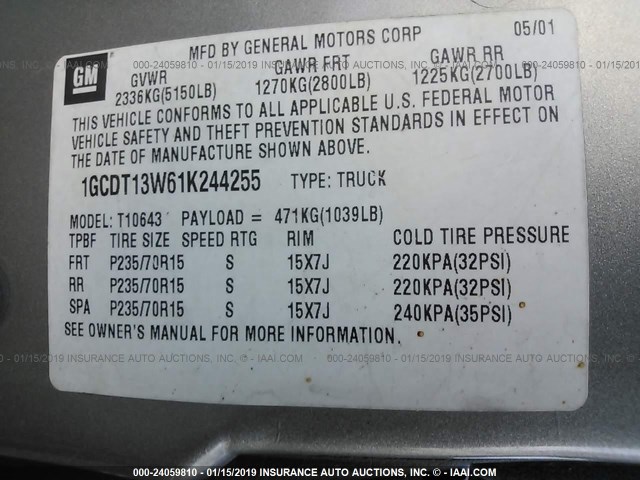 1GCDT13W61K244255 - 2001 CHEVROLET S TRUCK S10 Pewter photo 9