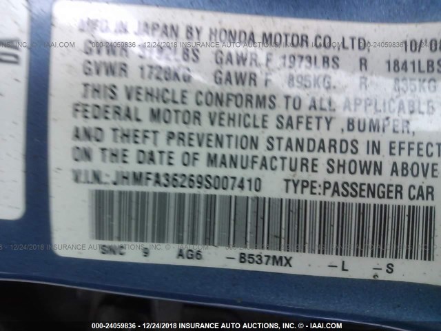 JHMFA36269S007410 - 2009 HONDA CIVIC HYBRID BLUE photo 9