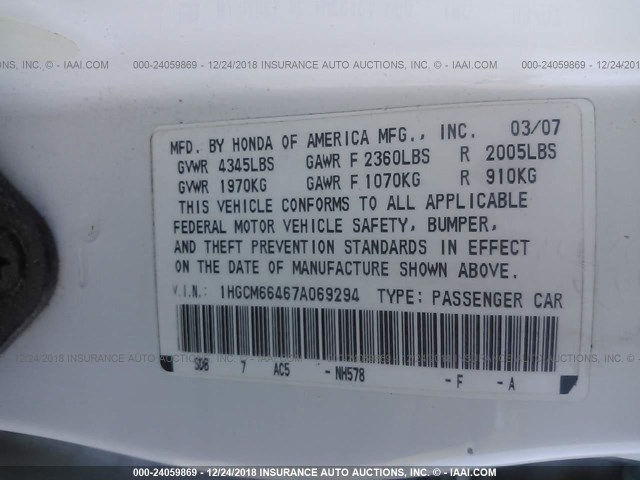 1HGCM66467A069294 - 2007 HONDA ACCORD SE WHITE photo 9