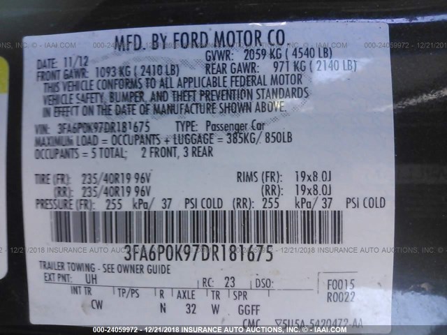 3FA6P0K97DR181675 - 2013 FORD FUSION TITANIUM BLACK photo 9