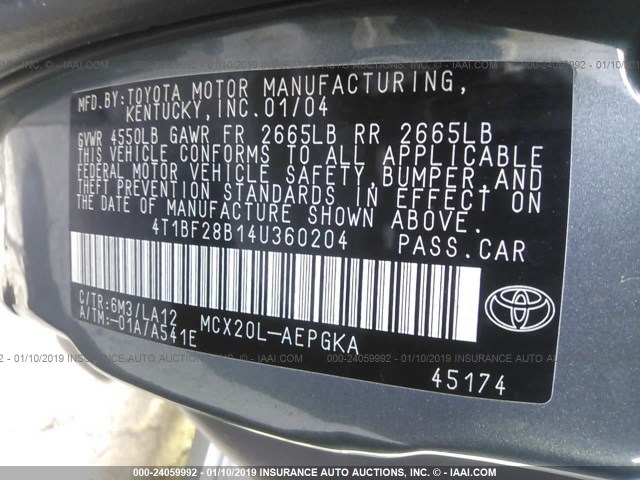 4T1BF28B14U360204 - 2004 TOYOTA AVALON XL/XLS GRAY photo 9