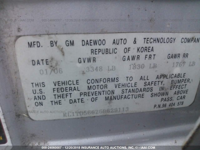 KL1TD56626B629113 - 2006 CHEVROLET AVEO LS SILVER photo 9