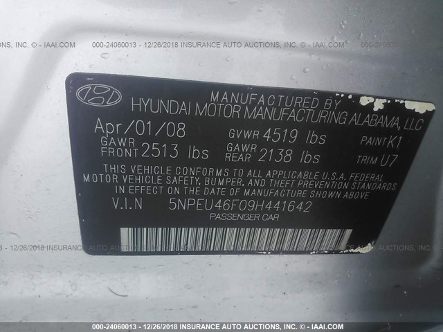 5NPEU46F09H441642 - 2009 HYUNDAI SONATA SE/LIMITED SILVER photo 9