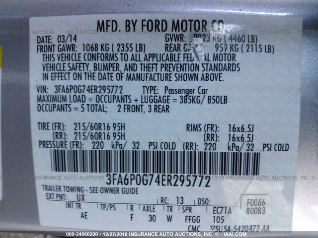 3FA6P0G74ER295772 - 2014 FORD FUSION S SILVER photo 9