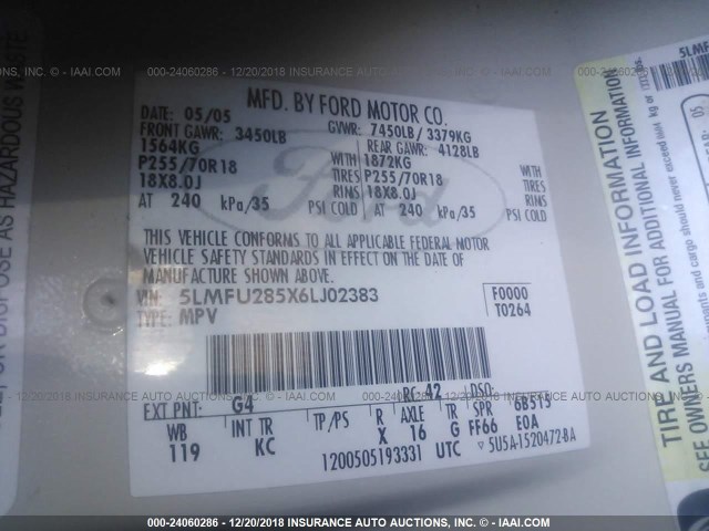 5LMFU285X6LJ02383 - 2006 LINCOLN NAVIGATOR Ақ фото 9