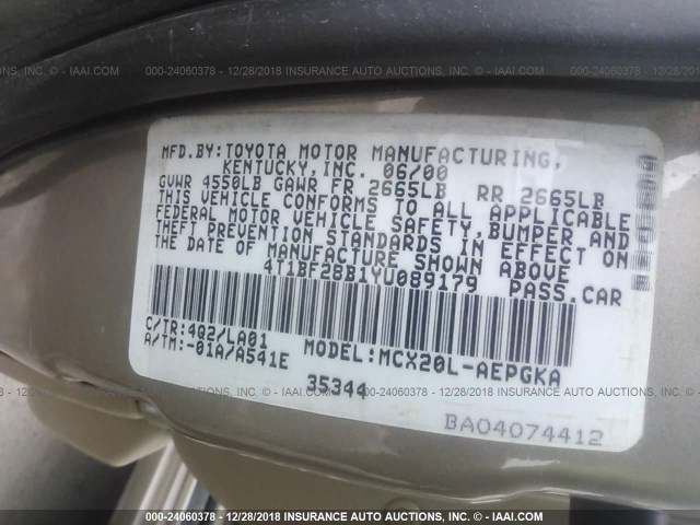 4T1BF28B1YU089179 - 2000 TOYOTA AVALON XL/XLS TAN photo 9