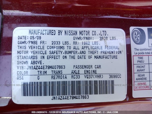 JN1AZ44E79M407863 - 2009 NISSAN 370Z RED photo 9