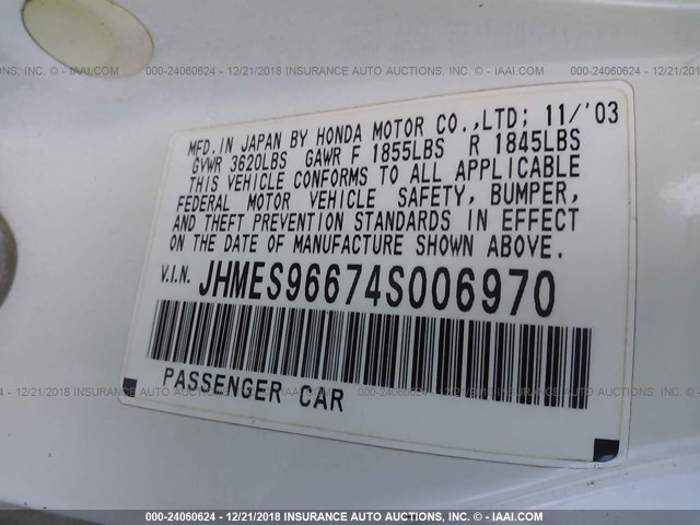 JHMES96674S006970 - 2004 HONDA CIVIC HYBRID WHITE photo 9