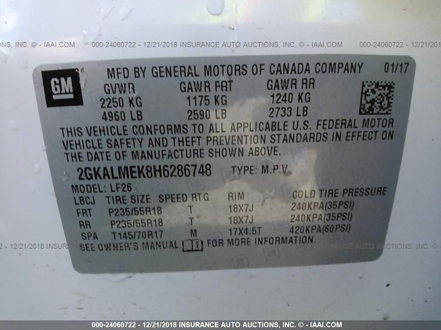 2GKALMEK8H6286748 - 2017 GMC TERRAIN SLE WHITE photo 9