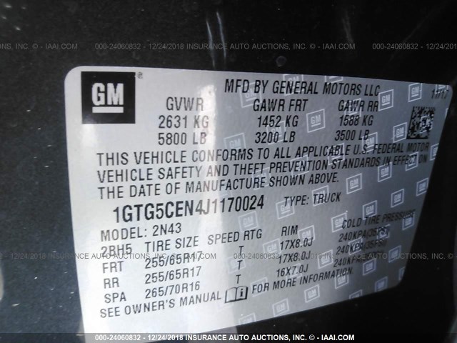 1GTG5CEN4J1170024 - 2018 GMC CANYON SLE GRAY photo 9