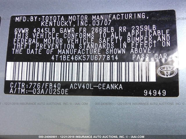 4T1BE46K57U677814 - 2007 TOYOTA CAMRY NEW GENERATION CE/LE/XLE/SE GREEN photo 9