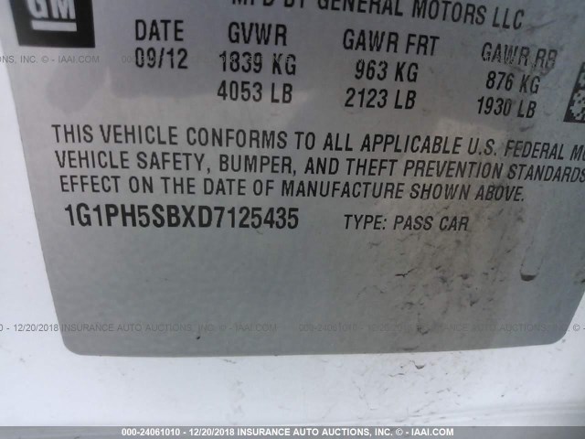 1G1PH5SBXD7125435 - 2013 CHEVROLET CRUZE ECO WHITE photo 9