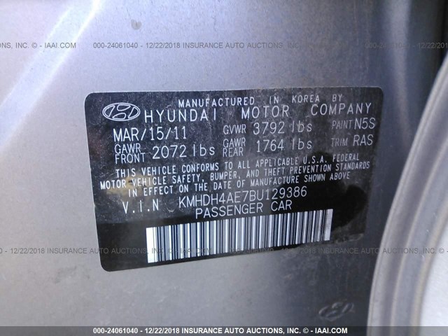 KMHDH4AE7BU129386 - 2011 HYUNDAI ELANTRA GLS/LIMITED GRAY photo 9