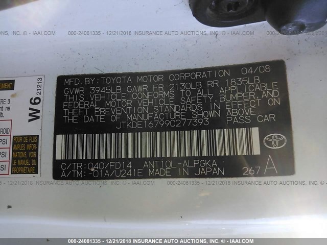 JTKDE167990277393 - 2009 TOYOTA SCION TC Ağ foto 9