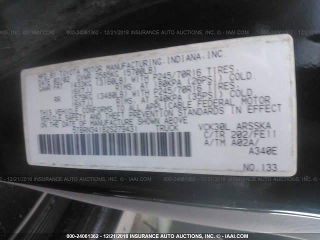 5TBRN34182S279431 - 2002 TOYOTA TUNDRA ACCESS CAB SR5 BLACK photo 9