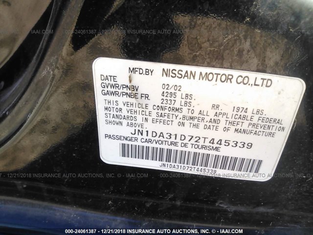 JN1DA31D72T445339 - 2002 NISSAN MAXIMA GLE/GXE/SE BLACK photo 9