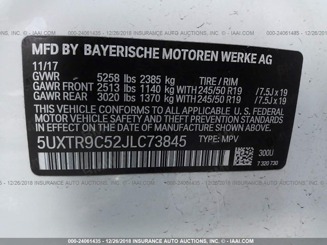 5UXTR9C52JLC73845 - 2018 BMW X3 XDRIVEM40I WHITE photo 9