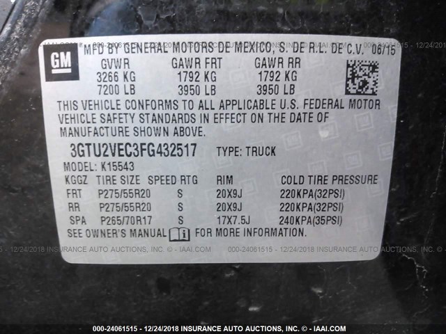 3GTU2VEC3FG432517 - 2015 GMC SIERRA K1500 SLT BLACK photo 9