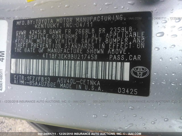 4T1BF3EK9BU217458 - 2011 TOYOTA CAMRY SE/LE/XLE 银色 照片 9