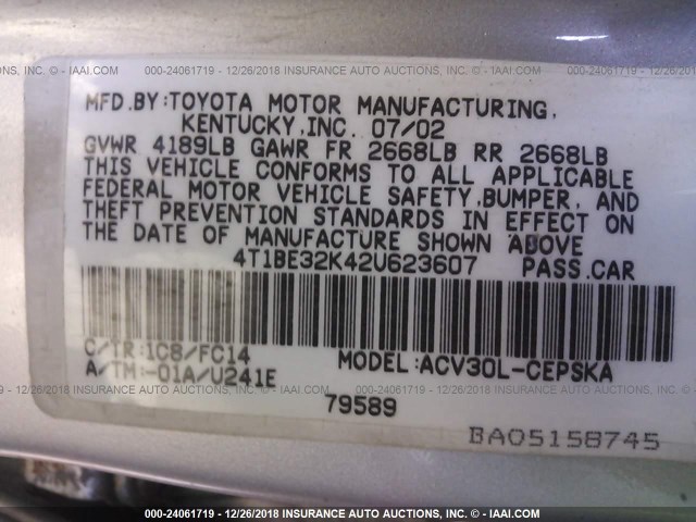 4T1BE32K42U623607 - 2002 TOYOTA CAMRY LE/XLE/SE SILVER photo 9