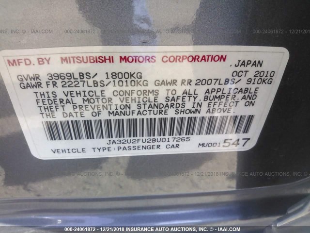 JA32U2FU2BU017265 - 2011 MITSUBISHI LANCER ES/ES SPORT GRAY photo 9