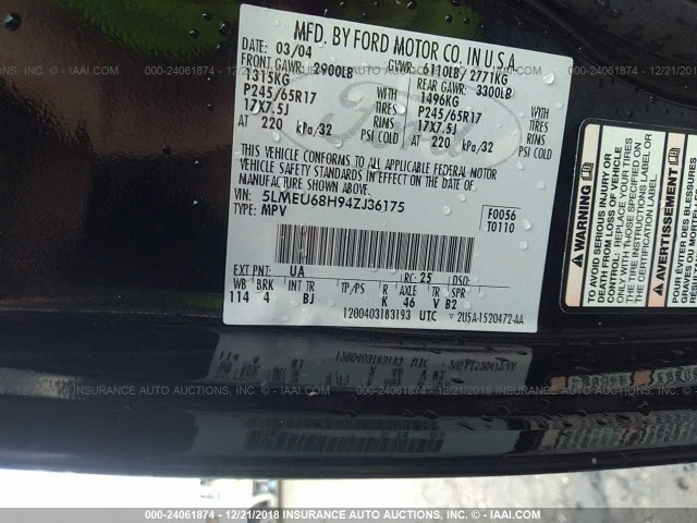 5LMEU68H94ZJ36175 - 2004 LINCOLN AVIATOR 黑色 照片 9