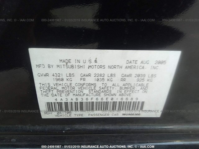 4A3AB36F66E016689 - 2006 MITSUBISHI GALANT ES MEDIUM/LS MEDIUM BLACK photo 9