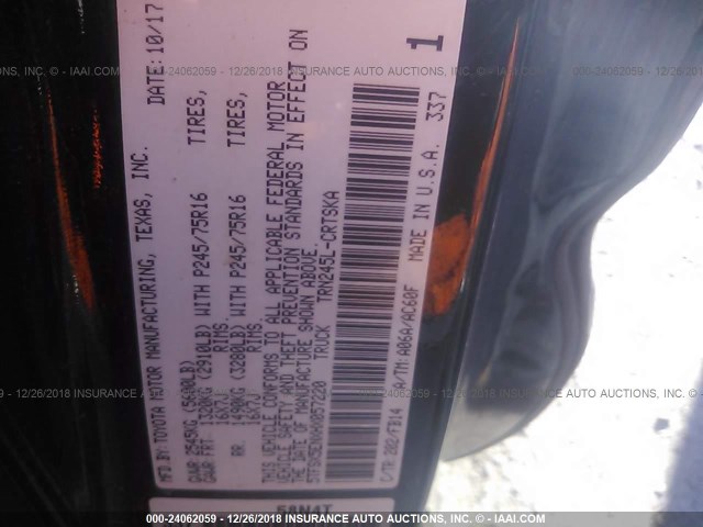 5TFSX5ENXHX057220 - 2017 TOYOTA TACOMA ACCESS CAB/SR/SR5 შავი ფოტო 9