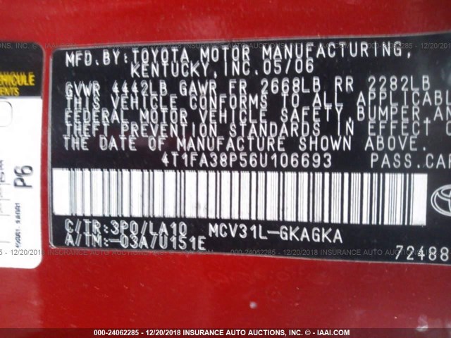 4T1FA38P56U106693 - 2006 TOYOTA CAMRY SOLARA SE/SLE Qırmızı foto 9