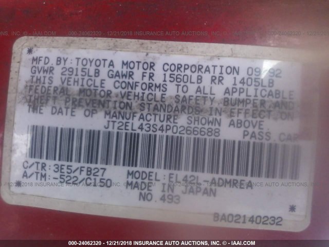 JT2EL43S4P0266688 - 1993 TOYOTA TERCEL DX RED photo 9