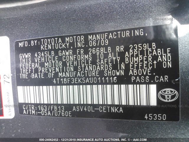 4T1BF3EK5AU011116 - 2010 TOYOTA CAMRY SE/LE/XLE GRAY photo 9