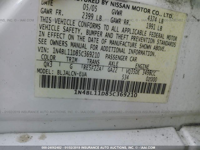 1N4BL11D85C369210 - 2005 NISSAN ALTIMA SE/SL/SE-R WHITE photo 9