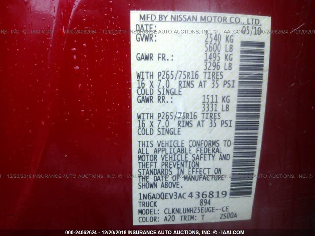 1N6AD0EV3AC436819 - 2010 NISSAN FRONTIER CREW CAB SE/LE/NISMO RED photo 9