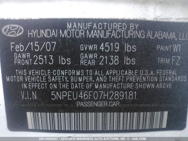 5NPEU46F07H289181 - 2007 HYUNDAI SONATA SE/LIMITED WHITE photo 9