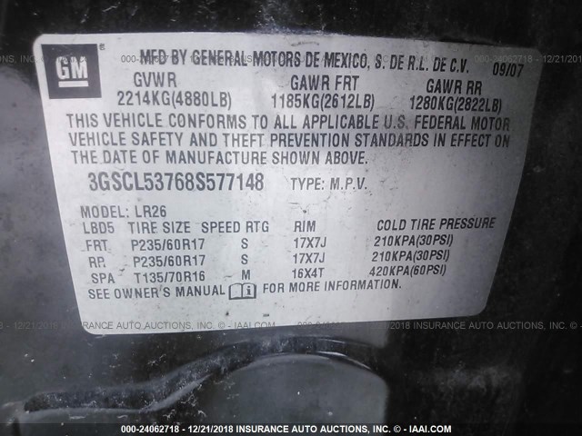 3GSCL53768S577148 - 2008 SATURN VUE XR Սև լուսանկար 9