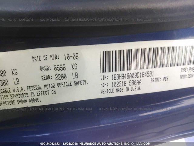 1B3HB48A09D184591 - 2009 DODGE CALIBER SXT BLUE photo 9