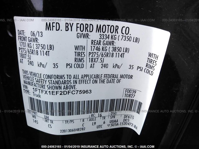 1FTFX1EF2DFC75963 - 2013 FORD F150 SUPER CAB BLACK photo 9