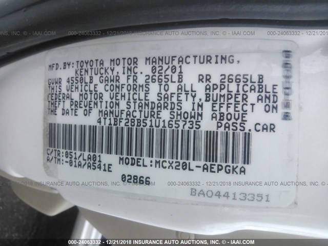 4T1BF28B51U165735 - 2001 TOYOTA AVALON XL/XLS WHITE photo 9