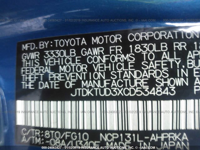 JTDKTUD3XCD534843 - 2012 TOYOTA YARIS BLUE photo 9