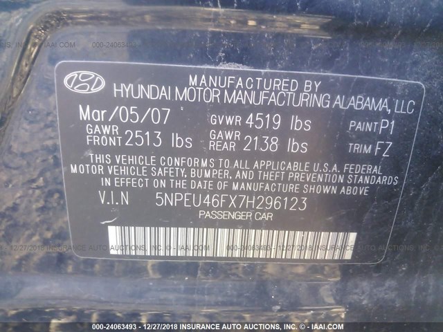 5NPEU46FX7H296123 - 2007 HYUNDAI SONATA SE/LIMITED BLUE photo 9