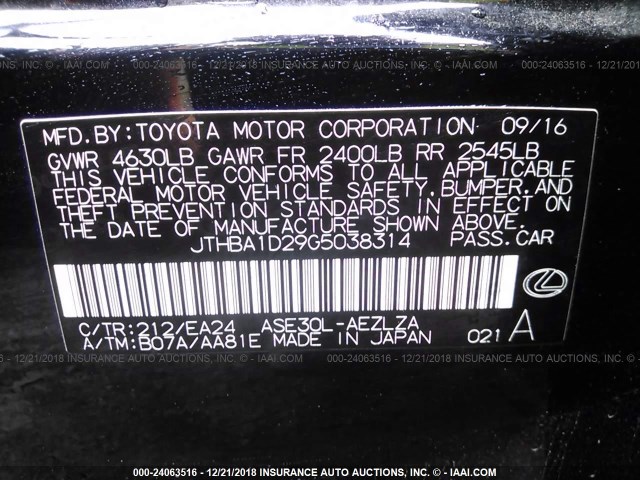 JTHBA1D29G5038314 - 2016 LEXUS IS 200T BLACK photo 9