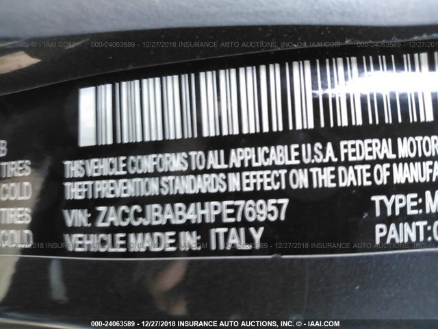 ZACCJBAB4HPE76957 - 2017 JEEP RENEGADE SPORT Մոխրագույն լուսանկար 9