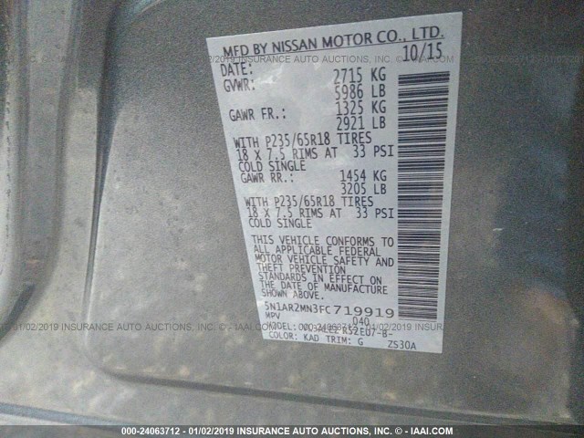 5N1AR2MN3FC719919 - 2015 NISSAN PATHFINDER S/SV/SL/PLATINUM GRAY photo 9