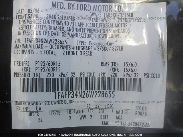 1FAFP34N26W228655 - 2006 FORD FOCUS ZX4 BLACK photo 9