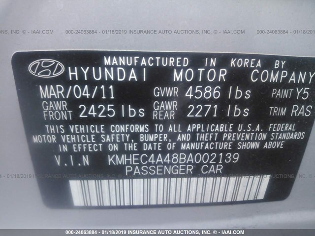 KMHEC4A48BA002139 - 2011 HYUNDAI SONATA HYBRID SILVER photo 9