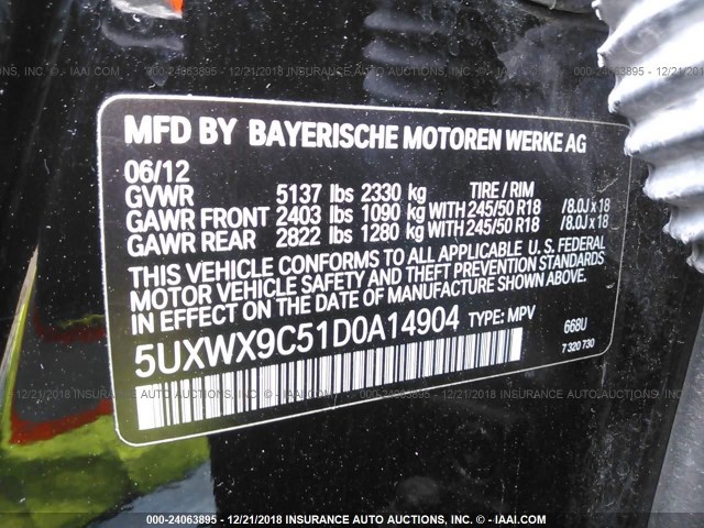 5UXWX9C51D0A14904 - 2013 BMW X3 XDRIVE28I შავი ფოტო 9