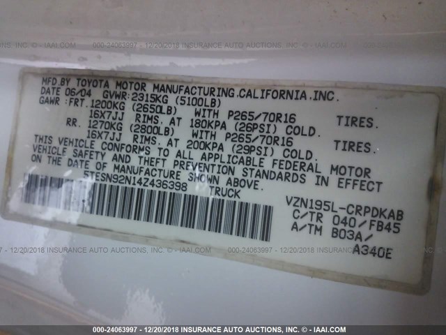 5TESN92N14Z436398 - 2004 TOYOTA TACOMA XTRACAB PRERUNNER თეთრი ფოტო 9