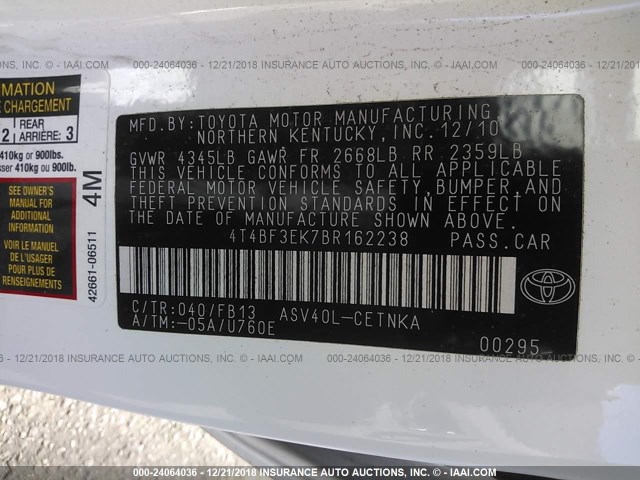 4T4BF3EK7BR162238 - 2011 TOYOTA CAMRY SE/LE/XLE 白色 照片 9
