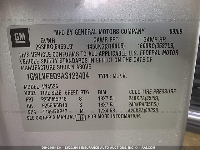 1GNLVFED9AS123404 - 2010 CHEVROLET TRAVERSE LT SILVER photo 9